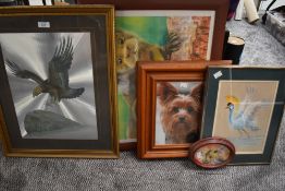 A selection of pictures and prints with an animal theme including a metallic foil art Eagle study