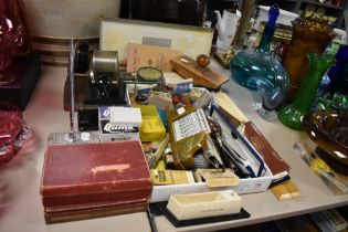 A collection of vintage desk and writing equipment including a Speedfix sellotape dispenser, a