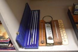 A selection of assorted thermometers including four cased 36cm, and five room thermometers etc.