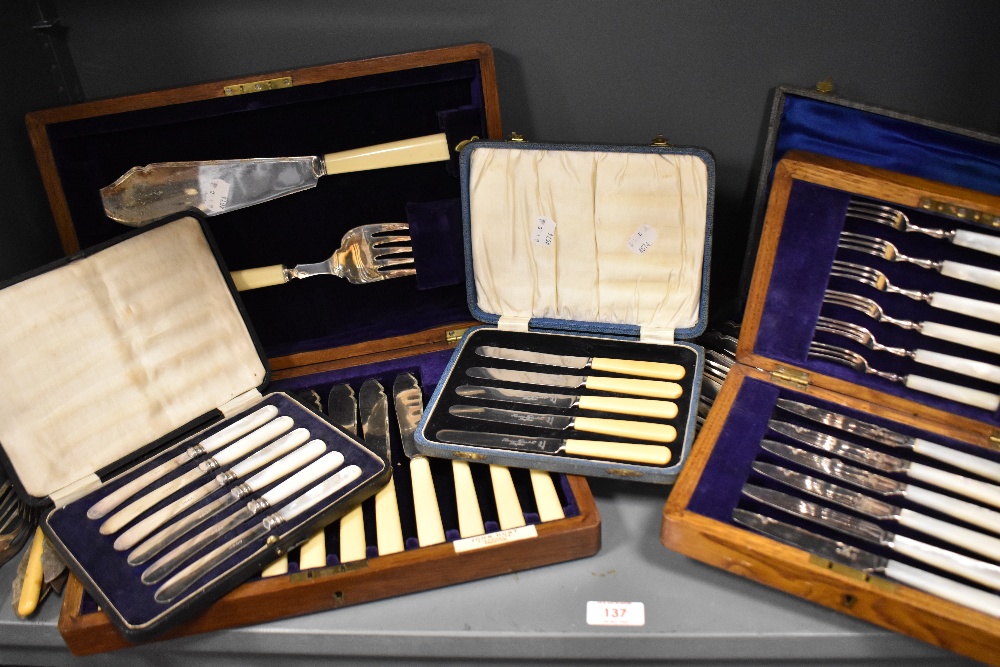 A 19th/20th Century John Hunt oak cased canteen of ivorine handled cutlery, together with four other - Image 2 of 2