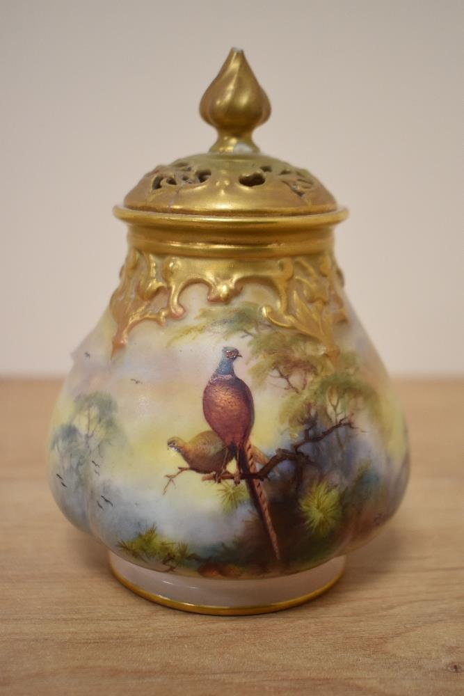 A Victorian Royal Worcester lidded pot pourri jar, H115.54, hand decorated with pheasants and
