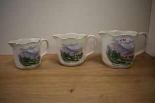 A trio of Nelson ware pitcher jugs, of Lake District interest, and decorated with a scene