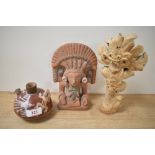 A 20th Century terracotta Mayan deity study, measuring 18cm tall, an Oceanic grotesque wooden