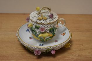 19th century Meissen porcelain Schneeballen chocolate cup and saucer, having flower encrusted