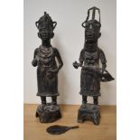 Two Nigerian Benin bronze figures, depicting native females in traditional dress, Af.