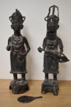 Two Nigerian Benin bronze figures, depicting native females in traditional dress, Af.