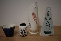 An unusually shaped Burleigh ware vase, having black and red feather pattern, a Portmadoc plant