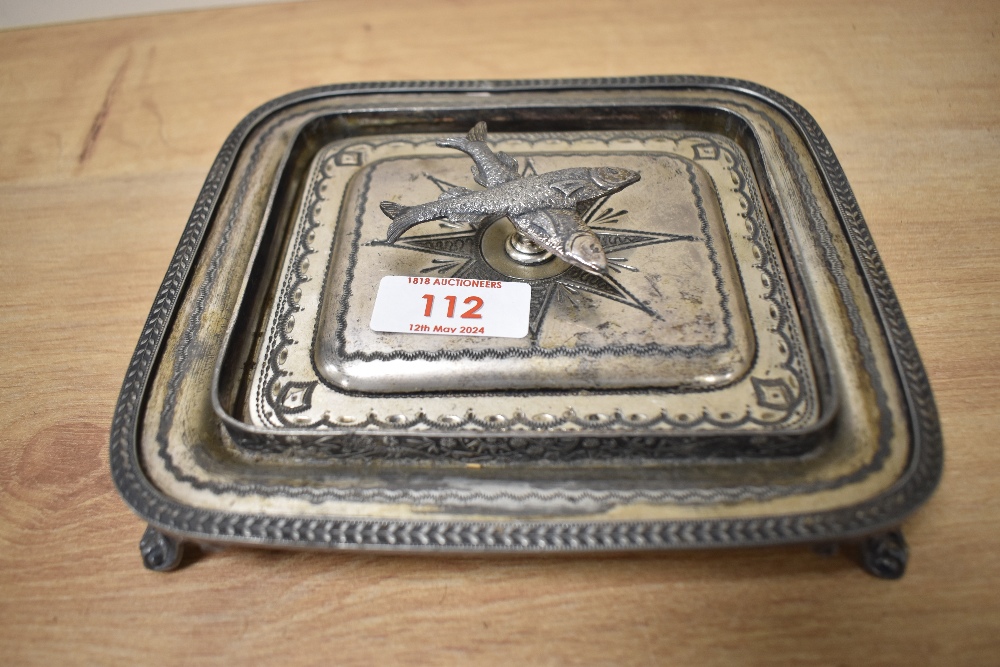 A late 19th/early 20th Century silver plated part sardine box and tray, measuring 15cm x 15cm