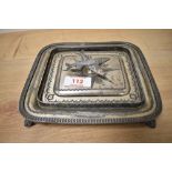 A late 19th/early 20th Century silver plated part sardine box and tray, measuring 15cm x 15cm