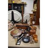 A collection of vintage treen, including distaff, turned vase, bellows and shaving stand.