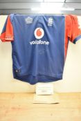 An Admiral England Cricket Team Shirt bearing signatures from Andrew Flintoff and Michael Vaughan,