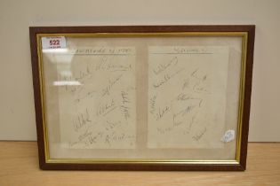 A 1950 Cricket Match framed signed pages, Lancashire XI vs Yorkshire XI Cricket Teams signed