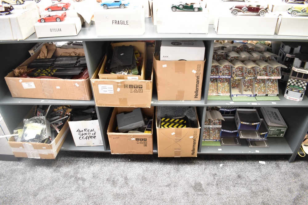 Six shelves of modern Scalextric Track, Card Grandstands, Accessories, Cars, Re-Fueling Crews, - Image 10 of 13