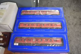 Three Darstaed D22-10 0 gauge Mk1 BG10 Post Office Red Carriages, all boxed