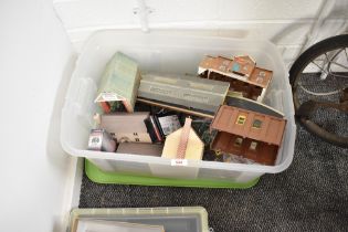 A box of 00 gauge accessories including Corgi Trackside model cars, vehicles, figures , card