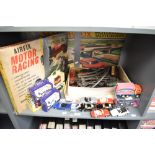 An Airfix Motor Racing set, Matchbox Motorised Motorway set, playworn die-casts and 0 gauge trains