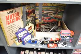 An Airfix Motor Racing set, Matchbox Motorised Motorway set, playworn die-casts and 0 gauge trains