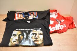 Three Sporting Shirts, England Rugby League bearing 15 signatures and two Ricky Hatton advertising T