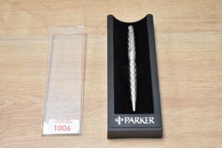 A boxed Parker 45 ballpoint pen in Harlequin pattern