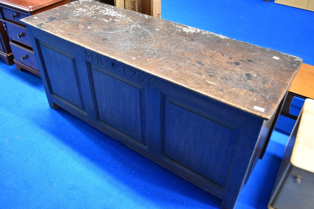 A period oak kist , having three plain panels to front, with monogram and date over 'MB 1766'