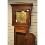 An oak and mahogany longcase clock having 18th Century 30 hour movement with brass dial named with