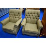 A pair of modern button back easy chairs, labelled Greensmith, as found