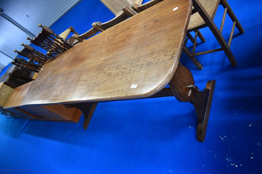 A traditional oak refectory style banquetting table of narrow proportions , approx 198 x 60cm