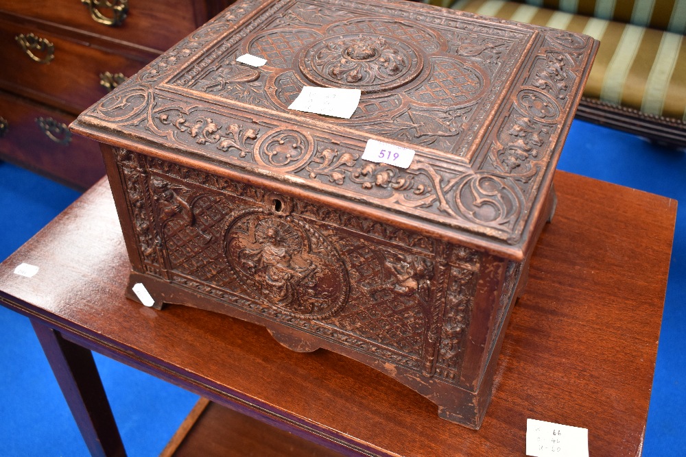 A 19th carved oak sewing box having fitted interior, approx 37 x 34 x 23cm