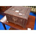 A 19th carved oak sewing box having fitted interior, approx 37 x 34 x 23cm