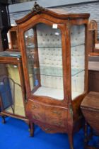 A vintage French style vitrine display cabinet with quilted interior, dimensions approx. H182 W70