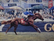 After Roy Miller SEA (b.1938, British), coloured lithograph, 'Nashwan winning the 1989 Epsom Derby',