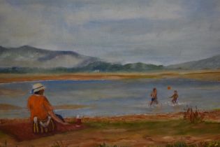 20th Century School, oil on board, A coastal landscape with children playing, displayed within a