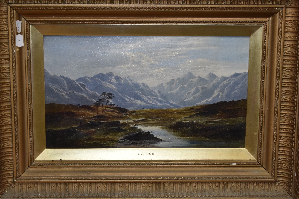 Charles Leslie (1835-1890, British), oil on canvas, Two romanticised mountain landscapes, possibly - Image 3 of 6