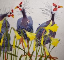 Mary Ann Rogers (Contemporary, British), watercolour, Guinea Fowl and Daffodils, signed in pencil to