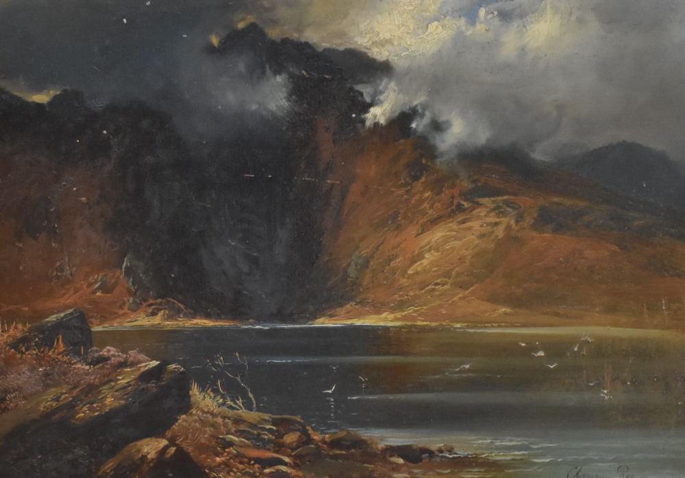 Clarence Rae (19th/20th Century, British), oil on canvas, A foreboding mountain landscape with
