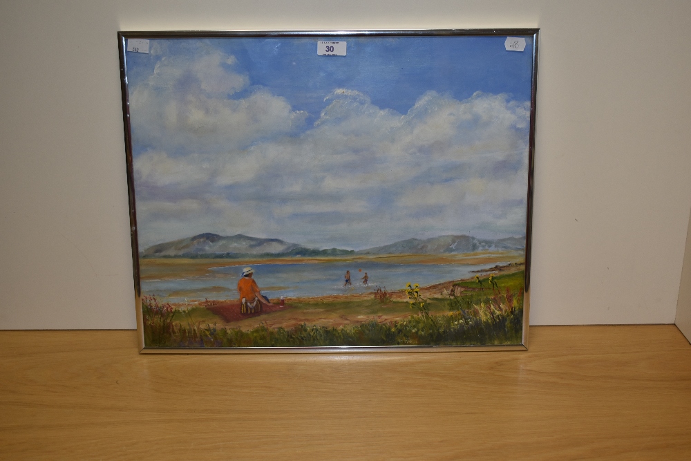 20th Century School, oil on board, A coastal landscape with children playing, displayed within a - Image 2 of 3