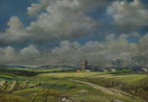 Walter Pip Phillips (20th Century, British), pastel, A countryside landscape with church and sea