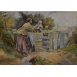 19th/20th Century School, watercolours and gouache, A painting lady walking along a woodland