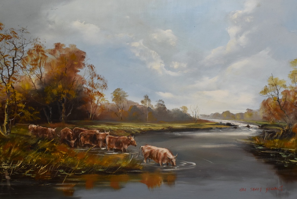 Hai Shuet Yeung (20th Century), oil on canvas, An autumnal river landscape with watering cattle,