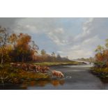 Hai Shuet Yeung (20th Century), oil on canvas, An autumnal river landscape with watering cattle,