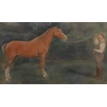 19th/20th Century School, pastel, A racehorse and its trainer, framed, mounted, and under glass,