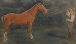19th/20th Century School, pastel, A racehorse and its trainer, framed, mounted, and under glass,