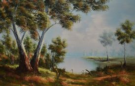 Hans Heysen (20th Century, Australian), oil on canvas, An idyllic landscape with trees and lake,