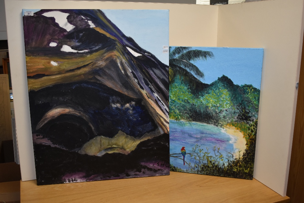 Susan Wearing (20th Century School), acrylic on canvas, An imposing hillside view with shadow and - Image 2 of 5