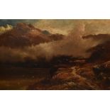 19th Century British School, oil on canvas, A dramatic Scottish Highland landscape depicting