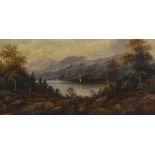 Albert Harris (19th Century, British), oil on canvas, An idyllic, autumnal landscape depicting boats