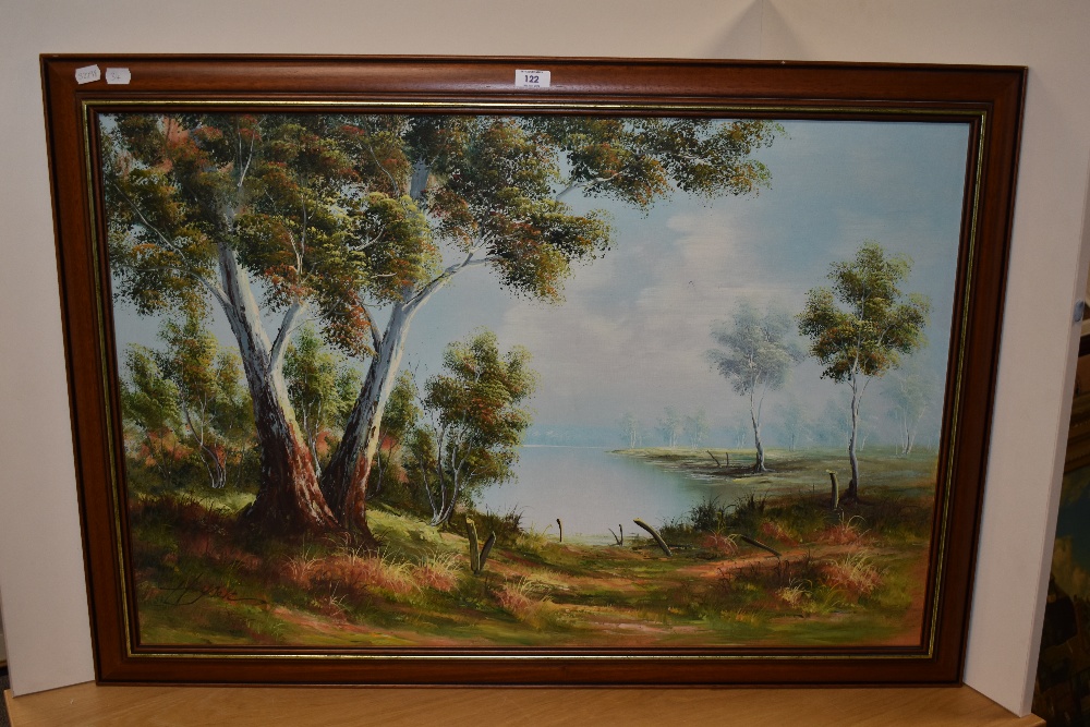 Hans Heysen (20th Century, Australian), oil on canvas, An idyllic landscape with trees and lake, - Image 2 of 4