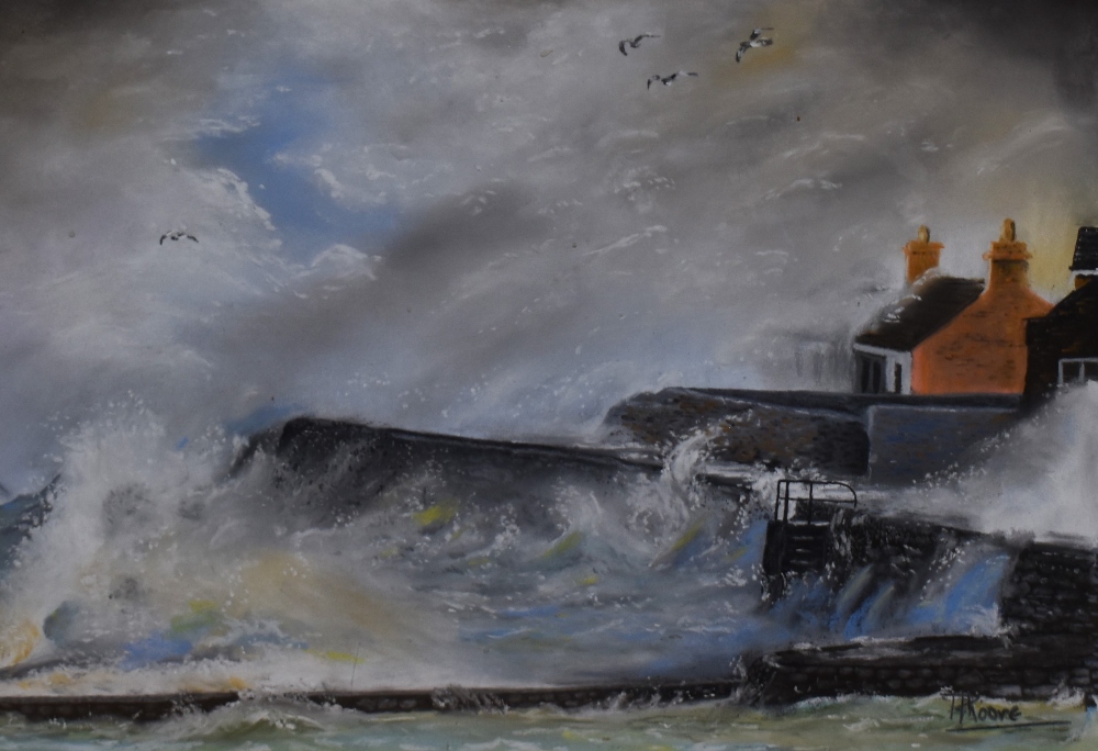 Ron Moore (20th Century, British), pastel, 'Raging Storm', a lively coastal landscape, signed to the