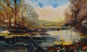 Helen Schofield (Contemporary, British), watercolour, 'River Wharfe at Arncliffe', Yorkshire, signed