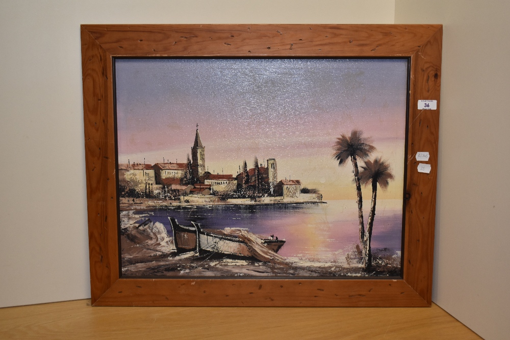 20th Century Continental School, oil on canvas, A Mediterranean landscape at low light, displayed - Image 2 of 3